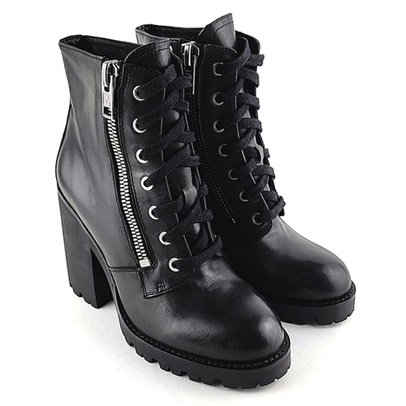 ASH Women's Poker Heeled Black Leather Chunky  Lace Up Dual Zipper Boots Size 37 - Picture 6 of 15